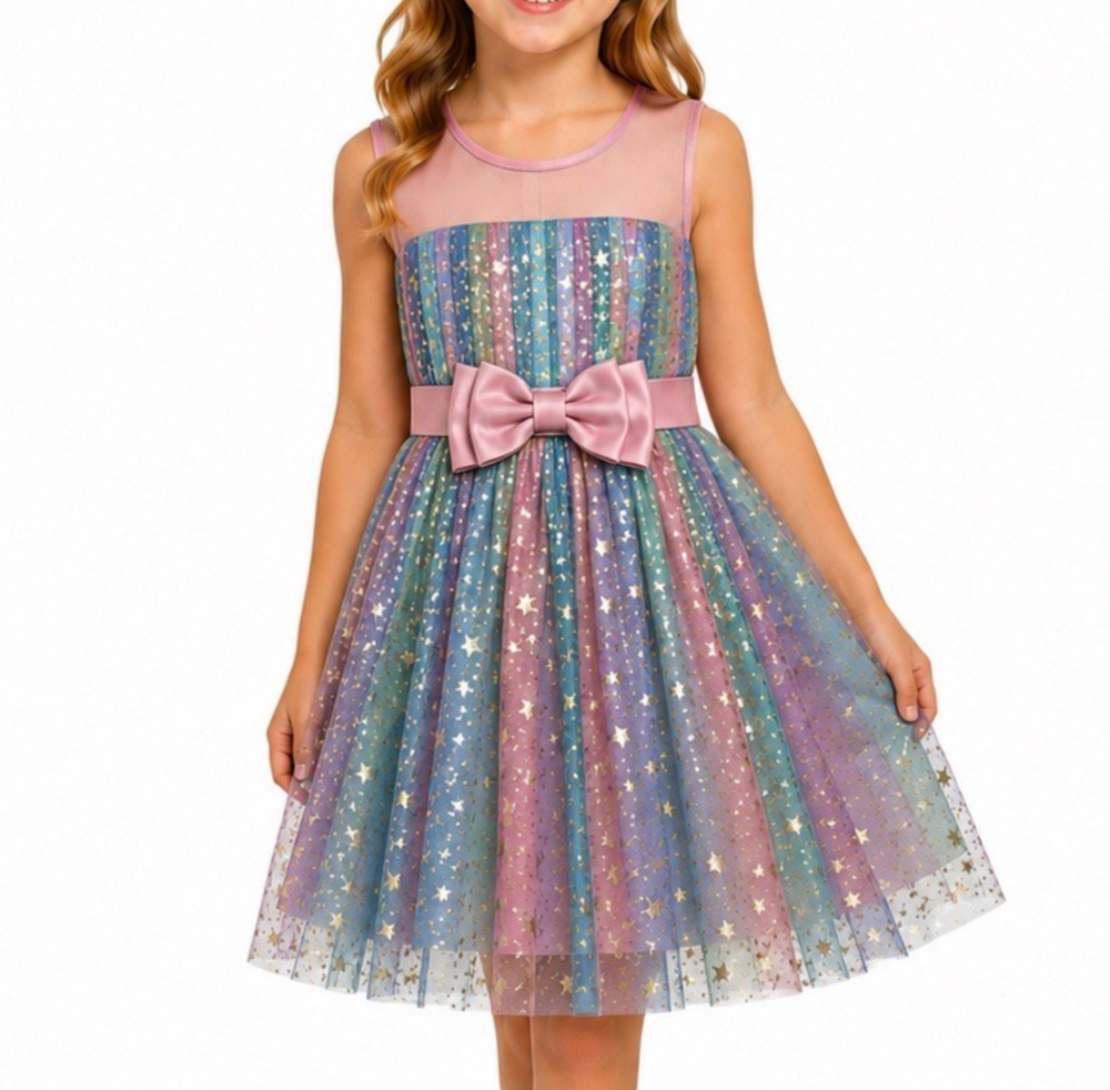 EUC Girls Dress 6 Gold Shimmer Star Tulle Pink Purple Teal Satin Party Dress 120